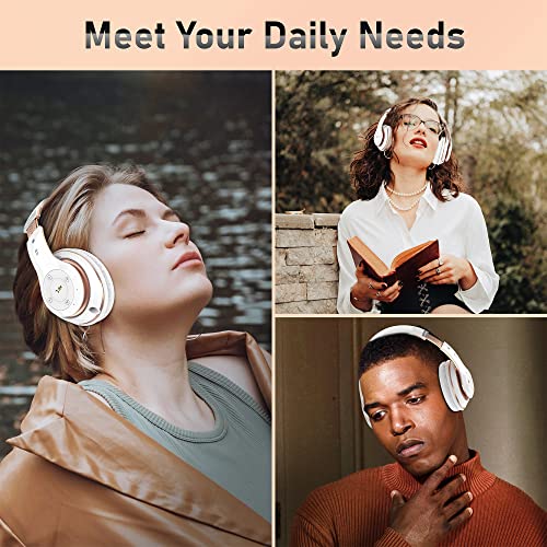 Bluetooth Headphones Over Ear, 6S Foldable Wireless Headphones with 6 EQ Modes, 40 Hours Playtime HiFi Stereo Headset with Mic, Soft Ear Pads, TF/FM for Cellphone/PC/Home (White & Gold) - color: Gold
