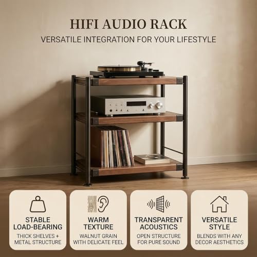 Audio Rack Tower with Adjustable Solid Wood Shelves, Metal Frame Media Rack, AV Media Stand for Stereo Components, Record Player, CD Player, Office, Living Room - size: 50x51x70cm/19.6x20x27.5in