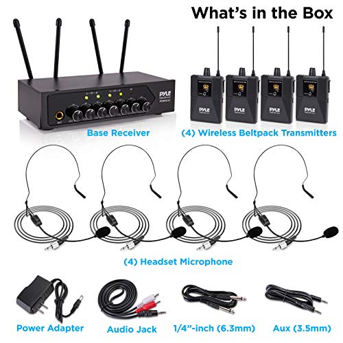 Pyle Portable UHF Wireless Microphone System - Battery Operated Four Bluetooth Cordless Microphone Set with 50 Channels Selectable Frequency, Receiver Base, AUX, for PA Karaoke DJ Party -PDWM4122
