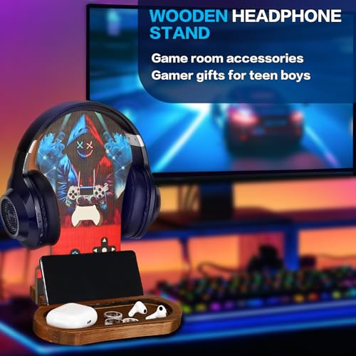 Gamer Gifts for Men Game Stuff Gaming Room Equipment Wooden Headset Stand | Gamer Gifts for Teenage Boy, Son, Boyfriend, Husband, Gamer Room Decor for Man, Teen Boy Gaming Accessories