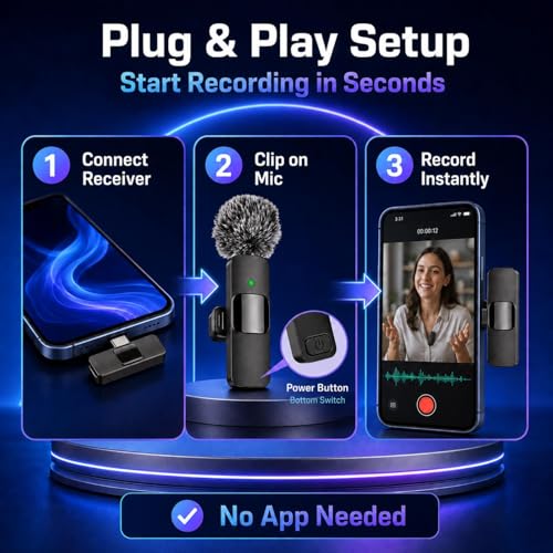 Wireless Mini Lavalier Microphone for iPhone, iPad & Android, USB-C | Noise Cancelling Mini Mic, 5H Battery, Plug & Play for Content Creator, Vlog, Podcast, YouTube, TikTok, Interviews