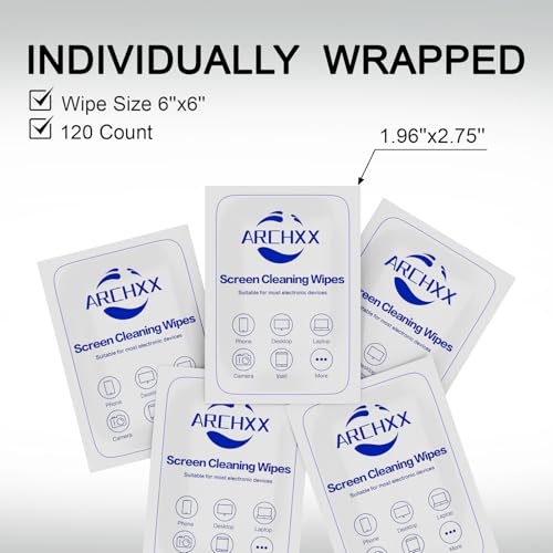 ARCHXX Screen Wipes for Electronics, 120 Count 6"x6" Pre-Moistened Screen Cleaner for Screens, Computer,Laptop,Tablet,Phone,Monitor,Car Screen Cleaner, Lens Wipes Individually Wrapped - size: 1 Count (Pack of 120)