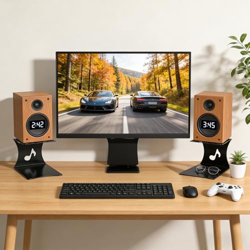 2 Pack Desktop Speaker Stands with Vibration Absorption Pads, Metal Bookshelf Speaker Riser Pair Support Up to 8 lbs Each, Desk Audio Stand, Studio Monitor Stand for Computer Speakers, Black