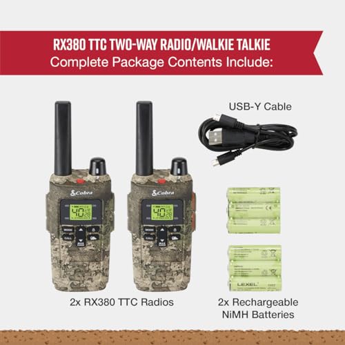 Cobra RX380 Walkie Talkies (2-Pack), 40 Pre-Programmed Channels | Weather Resistant Two Way Radios Long Range, Weather Alerts, LED Flashlight - style: RX380 True Timber Camo