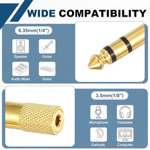 MECCANIXITY 6Pcs TRS6.35mm Male to 3.5mm Female 1/4" Plug to 1/8" Jack Gold | Stereo Headphone Adapter, Audio Converter, Nickel Plated, for Guitars Speakers Computers Signal Conversion