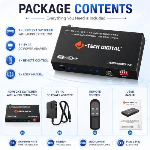 J-Tech Digital 8K HDMI Switch 2 in 1 Out 8K@60Hz 4K@120Hz 1080P@240Hz, HDMI Audio Extraction to Optical & 3.5mm, HDR HDCP 2.3 EDID Control, Compatible with PS5 PS4 Xbox Switch Apple TV Roku Fire TV - style: 2 in 1