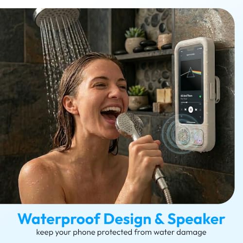 Shower Phone Holder with Wireless Bluetooth Speaker, 360° Rotating Bathroom Phone Mount with Speaker, 2026 New Waterproof Shower Phone Case for Any Phone, Fits Most Smartphones (White)