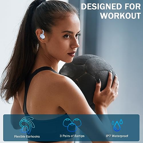 Wireless Earbuds Sport, 2025 Bluetooth 5.3 Headphones Bass Hi-Fi Stereo Over Ear Buds, 48Hrs Noise Cancelling Headset with Earhook, IP7 Waterproof Earphones Workout Running for Laptop Pad Android iOS - color: L-Blue