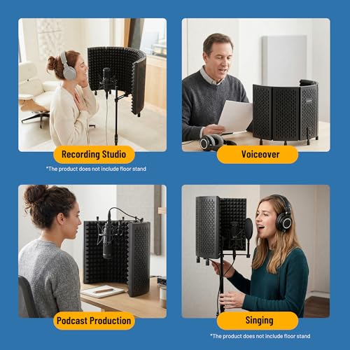 CAHAYA Microphone Isolation Shield Foldable - Mic Shield for Clear Recording Sound Absorbing Foam Reflector with 3/8" and 5/8" Mic Adapter Recording Equipment, Podcasting, Streaming, Home Studio Black