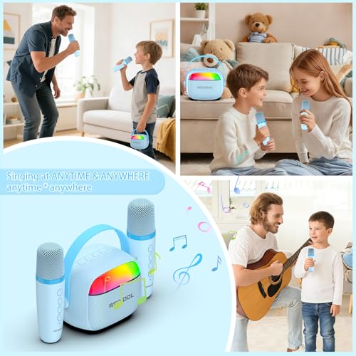 Karaoke Machine for Kids with 2 Wireless Microphones Portable Mini RGB Bluetooth Speaker Birthday Gift Toys for 3 4 5 6 7 8+ Year Old Boys - color: Blue