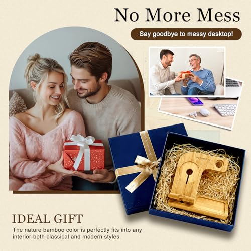4 in 1 Bamboo Nightstand Organizer, Wood Phone Docking Station, Phone Charger Stand for iPhone 12-18 Series & Android, Desktop Organizer for iWatch & Airpods, Gifts for Men, Dad, Anniversary