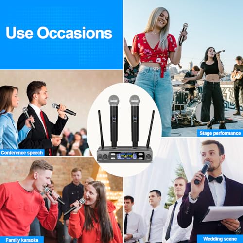 Depusheng Wireless Microphone System, VHF Fixed Dual Frequency Wireless Set with 2 Handheld Dynamic Transmitter Wireless Mic Set for Singing, Karaoke, Church, DJ,200ft Range - size: X2
