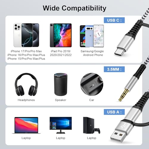 USB A to 3.5mm Audio Aux Cable for Headphones Speaker PC Laptop Windows PS5 PS4 Desktops,3FT USB C to 3.5mm Aux Adapter TRS Stereo Braided Audio Cord for iPhone 17 Pro Max/17/16/16 Pro/15 Plus
