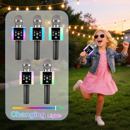 Wireless Bluetooth Karaoke Microphone for Kids & Adults, Singing Mic with Disco Lights, Voice Changer, Built-in Speaker, Portable Karaoke Player for Party & Travel Gifts(Silver) - color: Silver