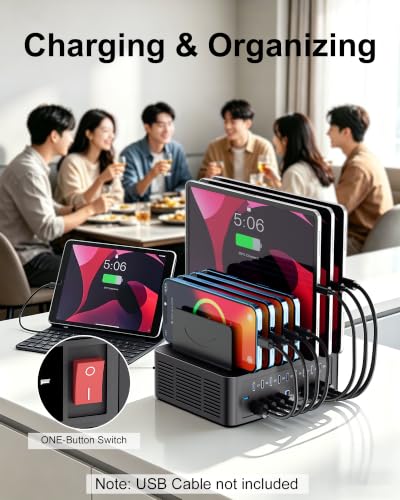 200W/40A Charging Station for Multiple Devices, 18 Port USB C Fast Charger | with Adjustable Dividers, Multi Organizer Charging Dock for Smartphone, iPad, Kindle, Tablet & More