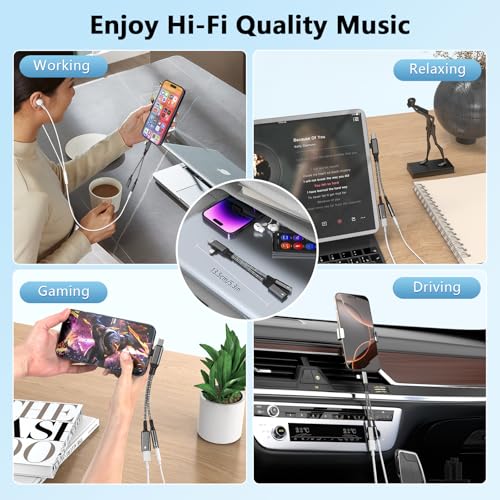 2-in-2 Lightning & USB C to 3.5mm Aux Audio Jack Headphone+Type-C Charge Cable Splitter,Earphone Converter Adapter for Music+Charge+HiFi for iPhone14 13 12,iPad,Samsung【Apple MFi Certified】-Black