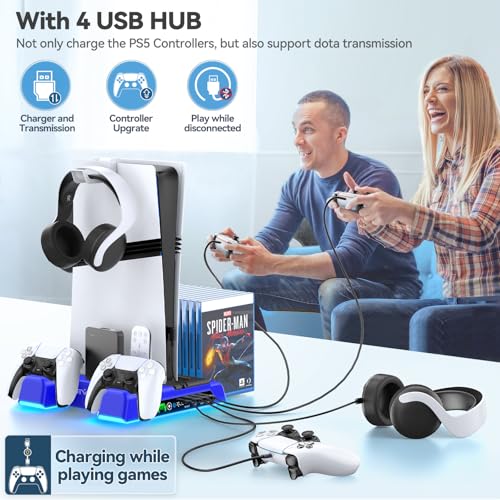 PS5/Slim/Pro Stand and Cooling Station with LED Controller Charging Station for PlayStation 5 Console, Controller Charger, Cooling Stand, PS5/Slim/Pro Skin Accessories Kit with 3 Level Cooler Fan - color: Blue