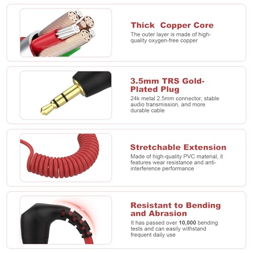 Alitutumao TRS to TRRS Adapter Cable, 3.5mm Scalable Patch Cord Wire (Red) - Compatible with Rode SC7/VideoMicro Go II/VideoMicro NTG Microphones, Fits iPhone, Smartphones and Tablets