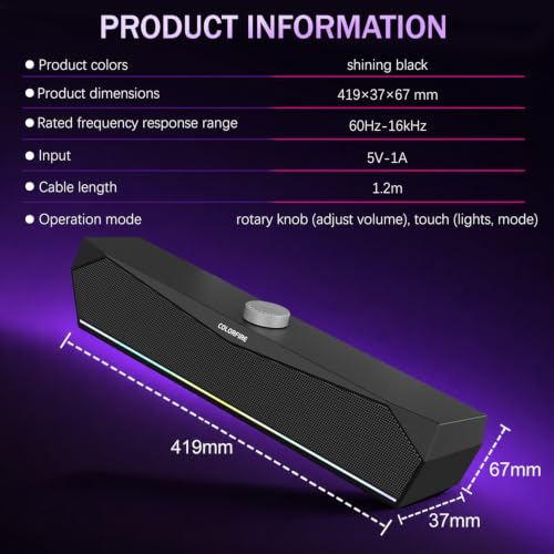 Computer Speakers for Desktop,USB Single-Cable, Computer Soundbar for PC | Compatible with Laptops | Towers | Devices |Stereo Sound and RGB Light, Plug-n-Play, Black Matte Finish, Mechanical Knobs