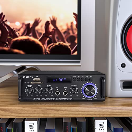 Facmogu BT-298 프로 홈 오디오 앰프, 블루투스 5.0 수신기 홈 스테레오 수신기, 최대 400Wx2 RMS 50Wx2 HiFi 사운드 오디오 시스템 무선 파워 앰프, 마이크 입력, 에코, 베이스 및 트레블 포함, USB/RCA/FM 포함 - style: 최대 400Wx2