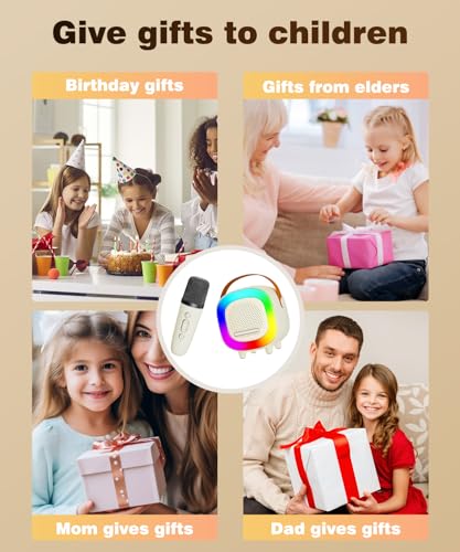 Kids Karaoke Machine Ages 3-12, Mini Wireless Microphones Bluetooth Speaker | LED Party Lights, Voice Changer, Duets, BT 5.3, Rechargeable Portable, Birthday Christmas Toys & Gifts for Boys & Girls - color: Off-White - 1 Mic