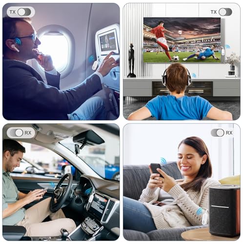 Bluetooth 5.3 Audio Adapter, 2 in 1 Bluetooth Transmitter Receiver, Wireless Headphones, Low Latency, Hands-Free, Audio Adapter for Airplane/Travel/Car/Home Stereo/Theater