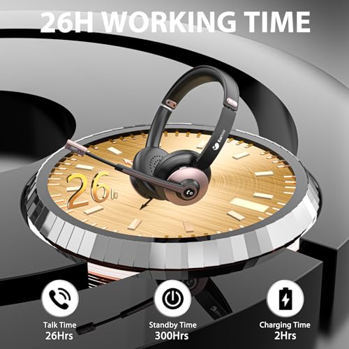 Wireless Headset with Mic for Work, Bluetooth Headphones with Microphone Noise Canceling & USB Dongle, Handsfree 26+ Hours Battery & Mute Button, for Office/Call Center/Laptop/MS Teams/Conference