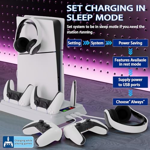 PS5/Slim/Pro Cooling Station for PlayStation 5 Console,PS5 Cooler Fan with Dual PS5 Controller Charger Incl. 3 Level Fans,Headset,3 USB Hubs,PS5/Slim/Pro Stand for PlayStation 5 Console Accessories - color: White