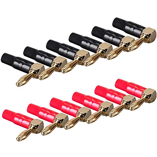 4mm Banana Plugs Right Angle 6 Pairs, 24k Gold Plated 90 Degree Speaker Connector (12Pcs)