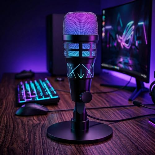 USB Gaming Microphone RGB Condenser Podcast Mic Smart Noise Reduction Computer Desk Stand for PC Streaming Vocal Recording - Compatible with Laptop Desktop, Computer Game, Podcasting Equipment