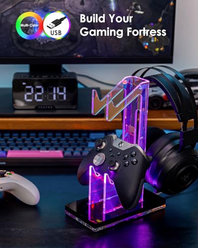 OAPRIRE Headset and Controller Stand with Lights, 2 Tier Acrylic Game Controller Holder, Controller and Headset Stand for Desktop,Universal Design Compatible with PS5/PS4/XBOX/SWITCH (Black) - color: Black, size: 2 Tier-Lights