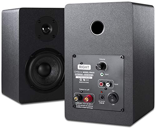 Micca PB42X Powered Bookshelf Speakers, 30W RMS, Desktop Stereo Pair, Black | 2-Way, 4-Inch Carbon-Fiber Woofer, 0.75-Inch Silk-Dome Tweeter, RCA AUX Inputs, Active Near Field Studio Monitor