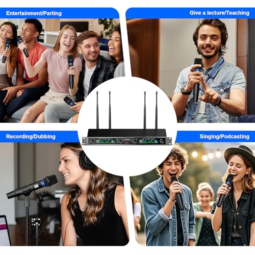 Wireless Microphones System, 4 Channel UHF Wireless Mics,with 4 Handheld Dynamic Microphones,Metal Receiver for Karaoke,Singing,Wedding,Party,Speech - color: Brown