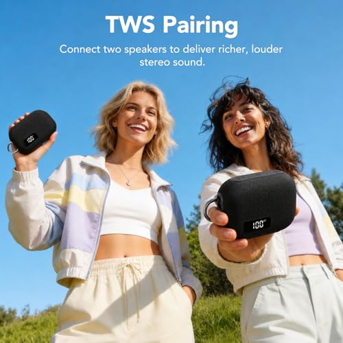 Portable Bluetooth Speaker, IP67 Waterproof Shower Speaker with Digital Battery Display, Powerful Sound, 24H Playtime, TWS Pairing, USB/TF Card, Small Speaker for Outdoor Travel Home, Gift-Black