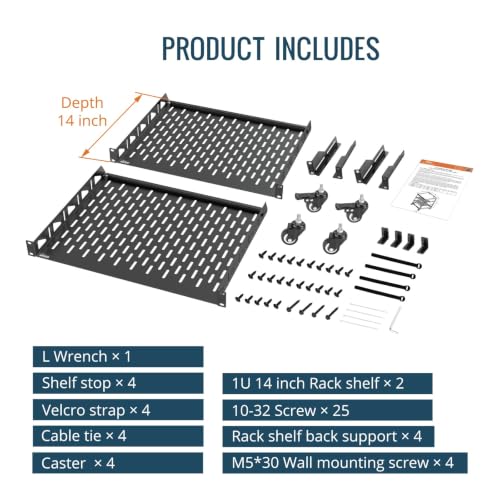 TECMOJO 16U Open Frame Network Rack for IT &AV Gear, AV Rack 4-Post with casters, Mobile 16U Rack with 2 PCS 1U Server Rack Shelf & Mounting Hardware, for 19" Network,Audio and Video Device - size: 16U with Casters