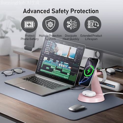 Charging Station 3 in 1 Wireless Charger for Apple Devices, 15W MagSafe Stand Compatible with iPhone 17 16 15 14 13 12 Pro Max Plus, Charging Dock for AirPods 4 3 2 & iWatch Series (Pink-1) - color: Pink-1