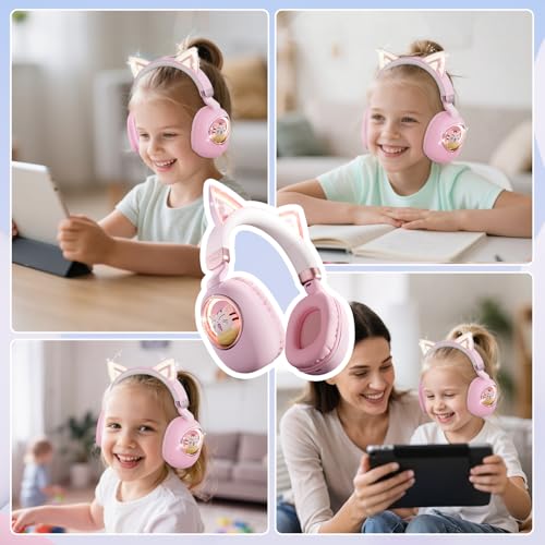 Kids Headphones Bluetooth 5.4 - Cat Ear LED Light Up Noise Cancelling Wireless Headphones with Mic, 85dB Volume Limited, Wired & Wireless Mode for Travel/School/iPad