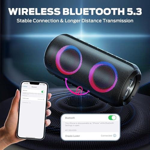 BUGANI Luster Bluetooth Speakers, Portable Wireless Stereo Speaker with Colorful Lights, Loud Sound, Bluetooth 5.3, 24H Playtime, IPX6 Waterproof, AUX-in, for Home/Outdoor/Camping/Beach