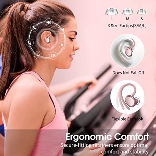 Wireless Earbuds for Small Ear, HiFi Stereo Sport Bluetooth 5.3 Headphones with Earhooks, 48H Deep Bass Running Ear Buds with LED Display, Noise Cancelling, IP7 Waterproof Built-in Mic for iOS Android - color: Rose Gold