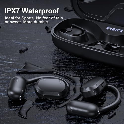 Open Ear Headphones, Open Ear Earbuds, IPX7 Waterproof, Bluetooth 5.3 True Wireless Sports Over Ear Earbuds with Earhooks, Built-in Mic, Crystal-Clear Calls for Running Workout Cycling Driving