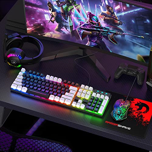 Wired Rainbow LED Backlit Keyboard and Mouse, Over Ear Headphone with Mic, Gaming Mice and Pad, for PC, Xbox and PS4 (Black/White) - color: Black/White