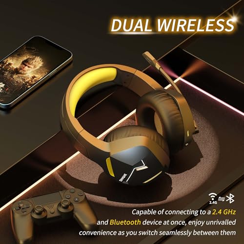 BINNUNE 2.4GHz Wireless Gaming Headset, Bluetooth 5.3 Gaming Headphones with Noise Canceling Mic, 120H Ultra-Long Battery, 50mm Drivers, Multi-Platform for PC / PS5 /PS4/ Switch/Mobile, Yellow - color: Yellow