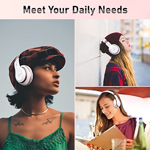 Bluetooth Headphones Over Ear, 6S Foldable Wireless Headphones with 6 EQ Modes, 40 Hours Playtime HiFi Stereo Headset with Mic, Soft Ear Pads, TF/FM for Cellphone/PC/Home (White & Rose Gold) - color: Rose Gold