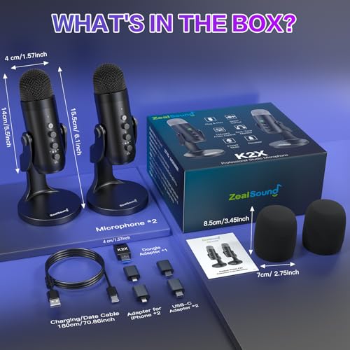 ZealSound Wireless Podcast Microphone for PC & iPhone, Dual Desktop Mics with Noise Reduction, Tap-to-Mute, Gain & Echo Controls, Zero-Latency Monitoring for Podcasting & Streaming YouTube TikTok - color: Phantom Black