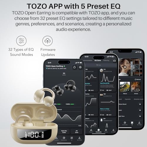 TOZO OpenEarRing Open Ear Earbuds 40H Bluetooth 5.4 Lightweight Comfort | Open Ear Clip On Wireless Earbuds with Smart Digital LED Display, Stable Connection, Secure Fit for Driving Workout Khaki - color: Khaki