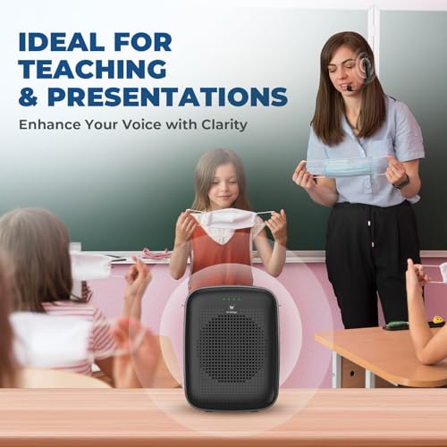 15W Wireless Voice Amplifier with Bluetooth Headset Microphone for Teachers | Portable Mini PA System, 2-in-1 Headset & Handheld Mic, 12H Battery, USB, Belt Clip, for Classroom, Training & Presentations