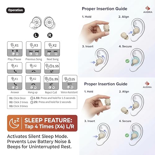 AUDIRA Mini Wireless Sleep Earbuds for Side Sleepers, Bluetooth 5.4 in-Ear Ear Buds with Noise Cancelling, IPX4 Waterproof Headphones, Touch Control, Digital Display Charging Case – Biege - color: Beige