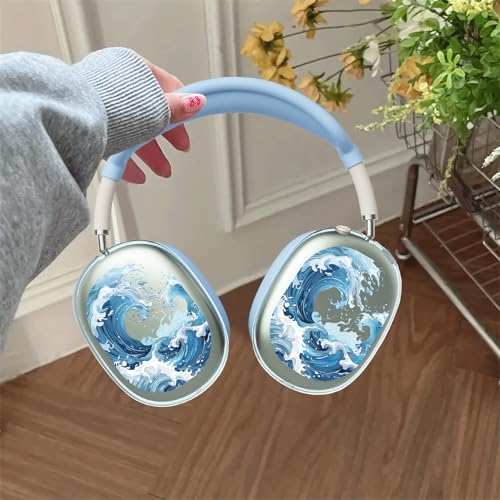 Blue Sea Waves Clear Case for Airpods Max Headphones Unique Ocean Print Soft TPU Ear Cups Cover Anti-Scratch Silicone Ear Pad Protective Case 53 Headband Cover for Apple Airpods Max - color: Blue waves 01
