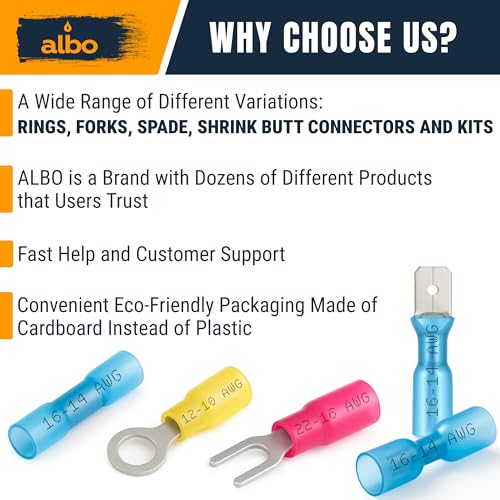 ALBO 500PCS Heat Shrink Ring Terminal Kit – Wire Terminal Connectors Assortment for 22-10 AWG, Waterproof Electrical Connectors Set – Tinned Copper Electrical Ring Terminals | Closed-Ring Design Helps Prevent Pull-Off, Loose Wiring and Connection Failure