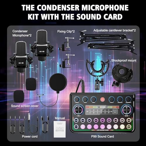 ALSO GO Podcast Equipment Bundle for 2, P99 Recording Studio Equipment | Podcast Microphone Bundle with Voice Changer, Audio Interface for Podcasting, Recording, Streaming, Gaming, Tiktok, Youtube - size: 2x Microphone